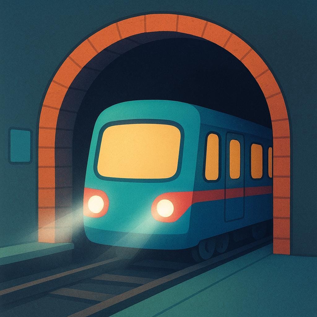 A bright, modern subway train pulling into an underground station, seen from the platform.