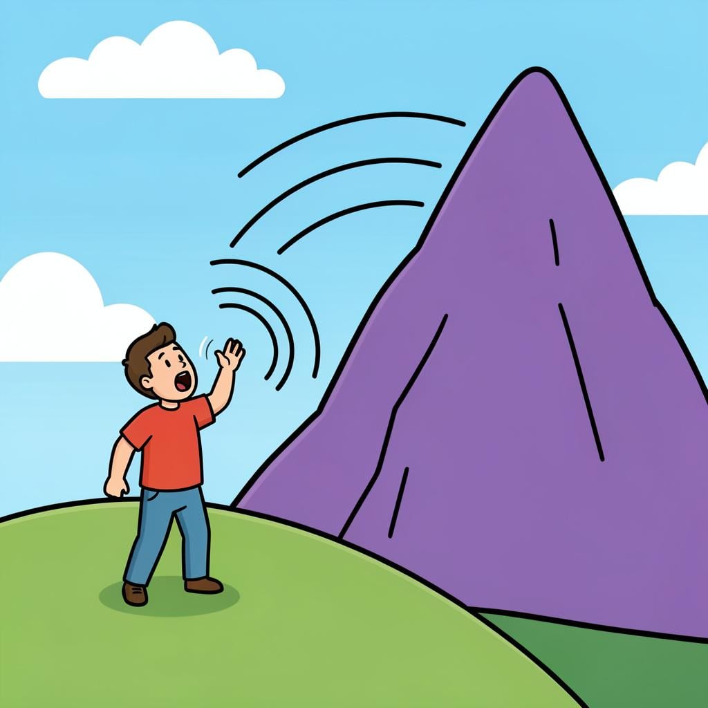 A person shouting towards a large mountain range with sound waves radiating back.
