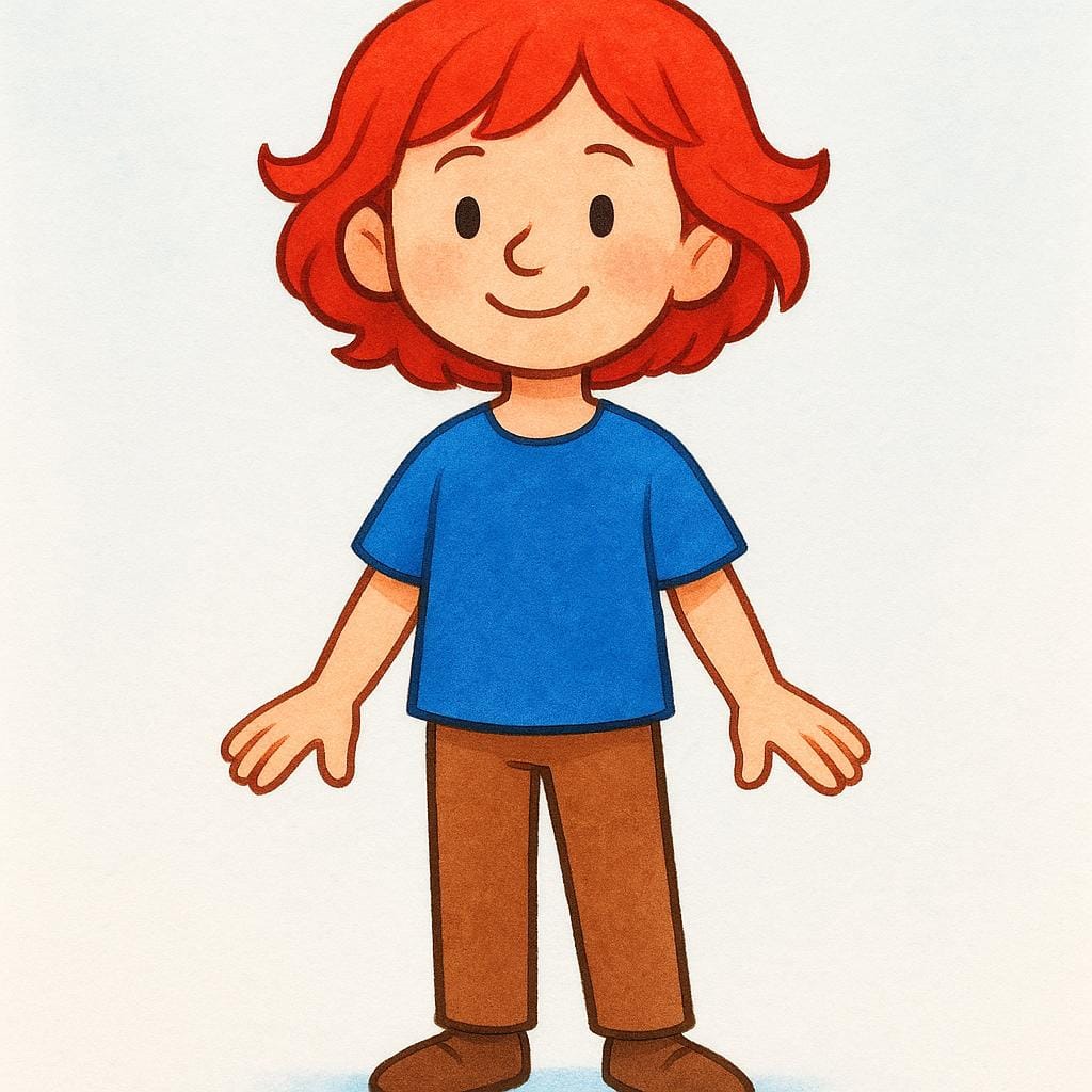 A stylized, friendly storybook character with bright red hair and a blue shirt, standing clearly defined against a simple background.