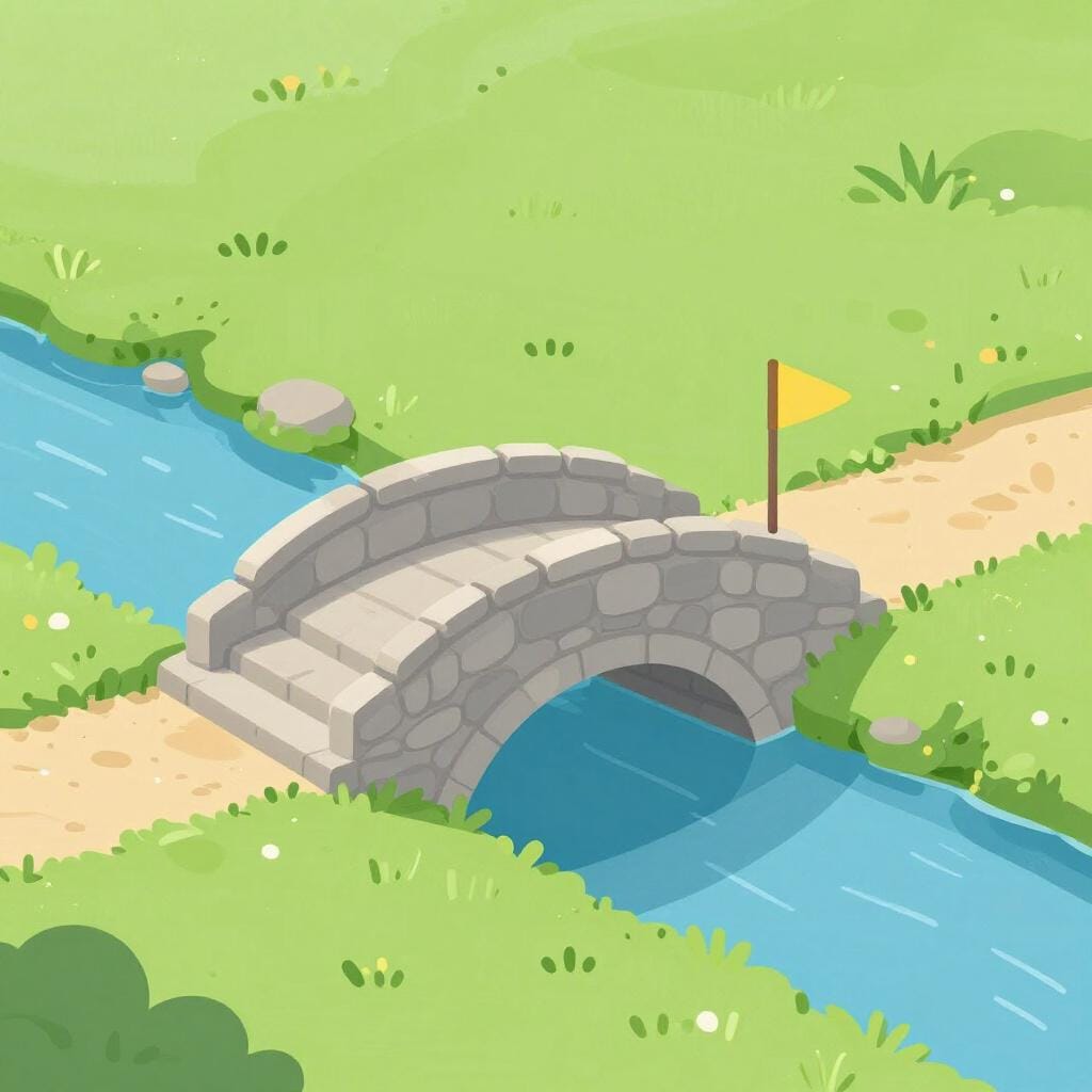 完成した橋が小川にかかっており、完了したプロジェクトを表しています。