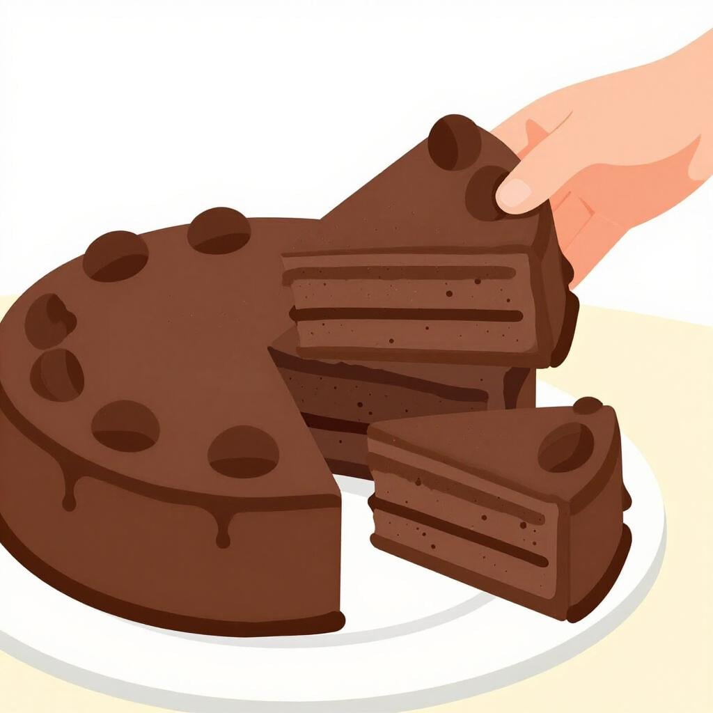A person at a table reaching for the largest slice of a chocolate cake while others have smaller pieces.