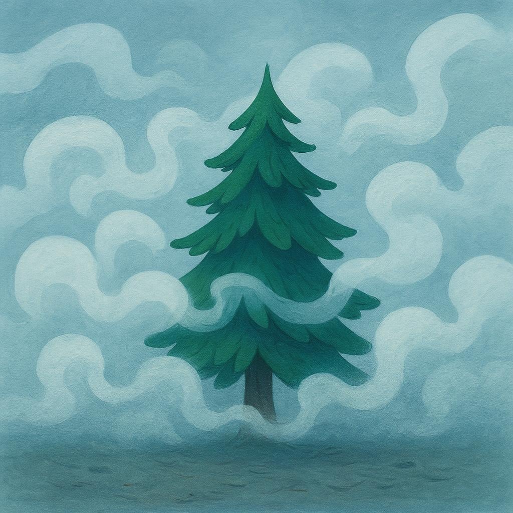 A storybook illustration of a single dark green tree shrouded almost entirely by thick, swirling white fog.