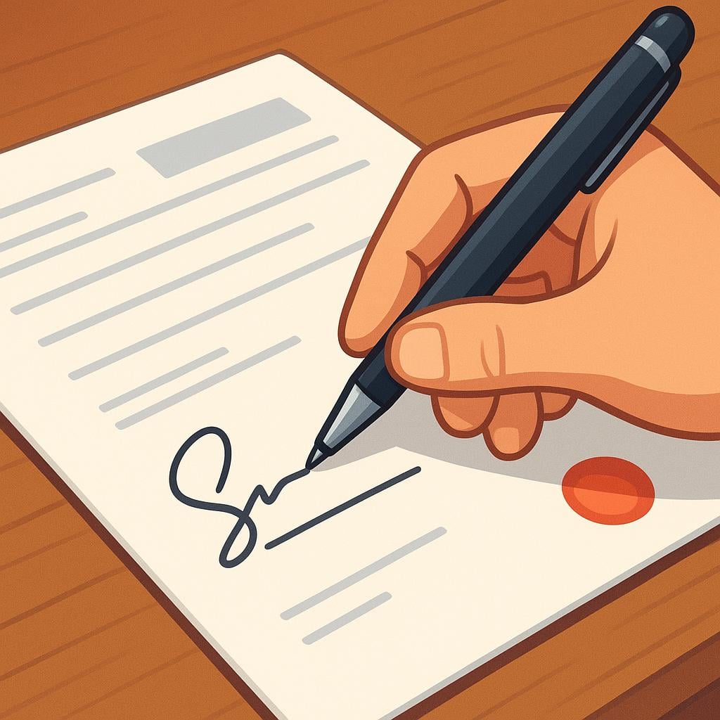A person's hand holding a black fountain pen, actively signing their name on a large, white legal document lying flat on a wooden desk.