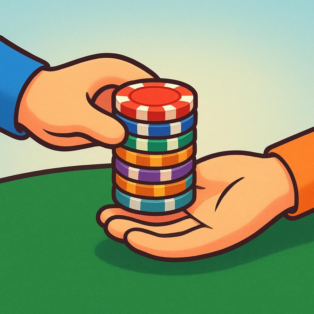 Two cartoon hands exchanging a stack of colorful betting chips over a green felt table, illustrating the act of placing a wager.
