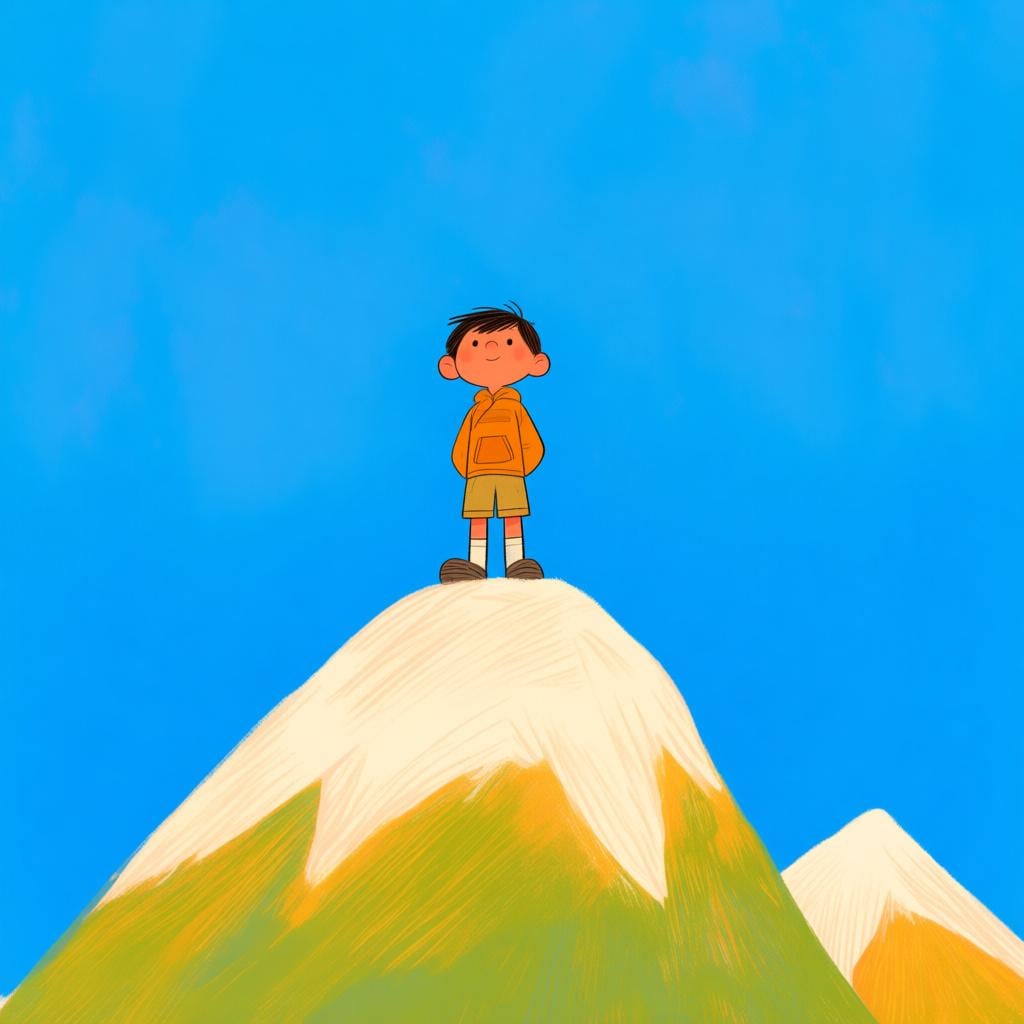 A young person standing tall and confidently on the peak of a small, stable mountain, symbolizing self-assurance.