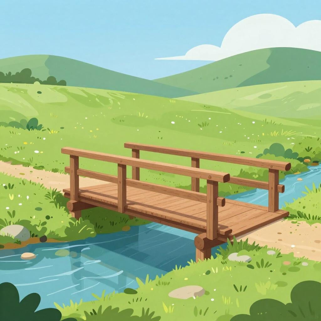 Een simpele tekening van een houten brug die succesvol een kleine beek overspant.