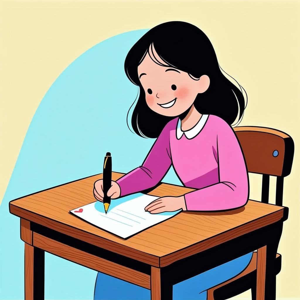 A young woman sitting at a desk, smiling warmly while writing a letter, symbolizing affection and the start of correspondence.
