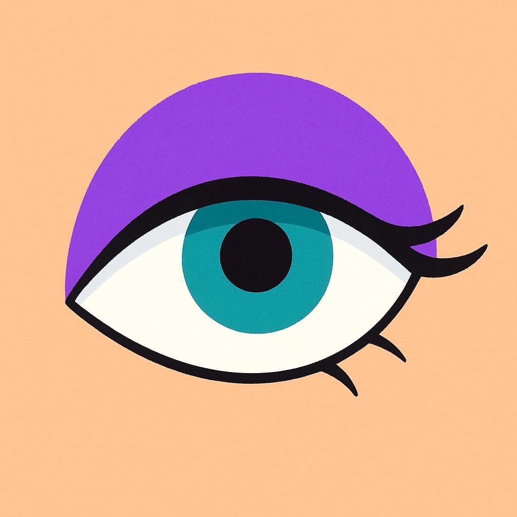 A close-up of a simplified cartoon eye with vibrant purple cosmetic eyeshadow applied heavily to the eyelid.