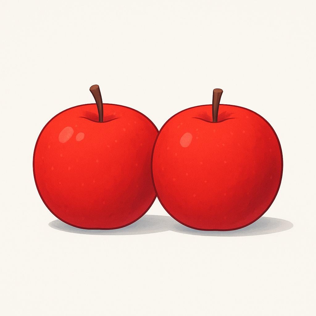 Two brightly colored red apples sitting side by side, looking almost identical in shape and size.