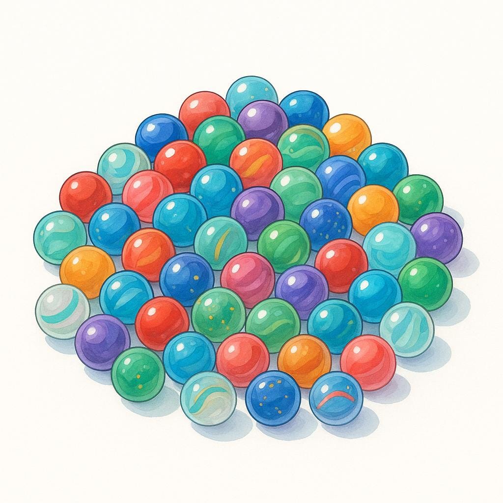 A large, colorful pile of sixty small, round marbles on a plain background.