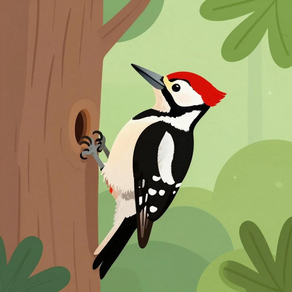 Um pássaro colorido com a cabeça vermelha bicando a casca de uma árvore alta e verde.