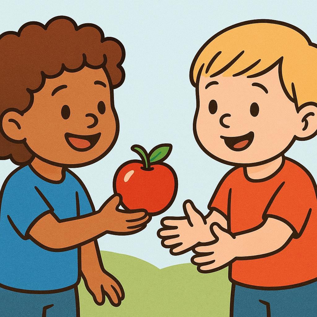 A storybook illustration showing one child happily handing a bright red apple to another child, symbolizing the act of giving.