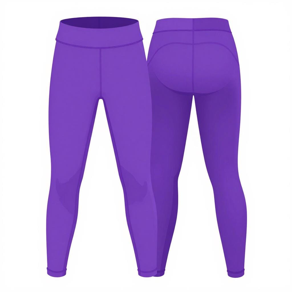 A pair of bright purple athletic leggings laid out flat on a clean surface.