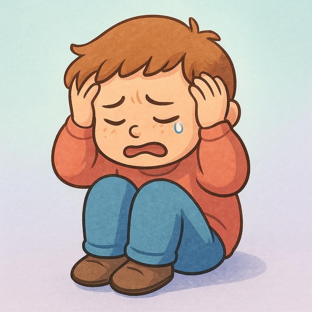 A storybook illustration of a young child sitting on the ground, clutching their head with a deeply pained expression and closed eyes, indicating suffering.
