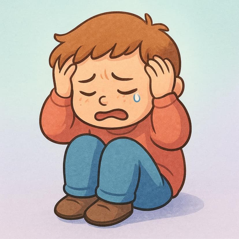 A storybook illustration of a young child sitting on the ground, clutching their head with a deeply pained expression and closed eyes, indicating suffering.