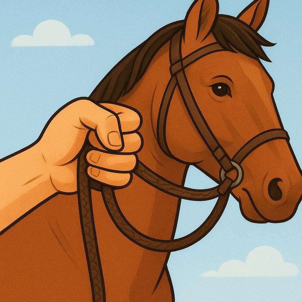 An illustration of a hand holding the thick reins of a horse with a firm, steady grip, symbolizing control.