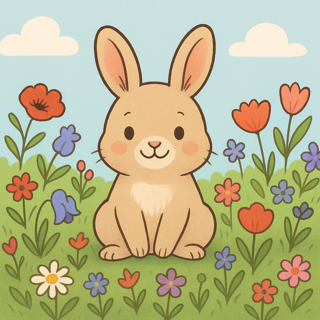 A small, friendly rabbit sitting calmly in a lush field of colorful, simple flowers, conveying a sense of pleasantness and charm.