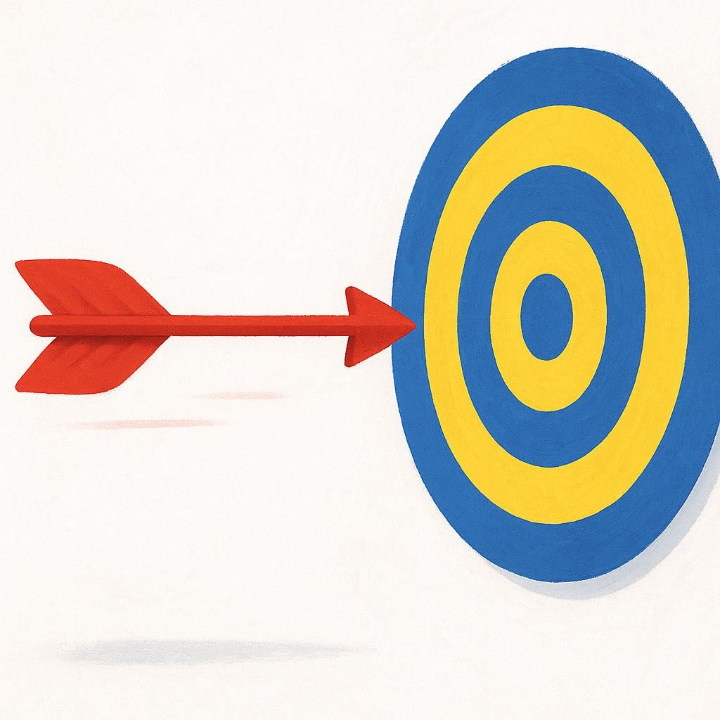 A bright red arrow flying directly and purposefully towards the center of a large, yellow and blue bullseye target painted on a plain wall.