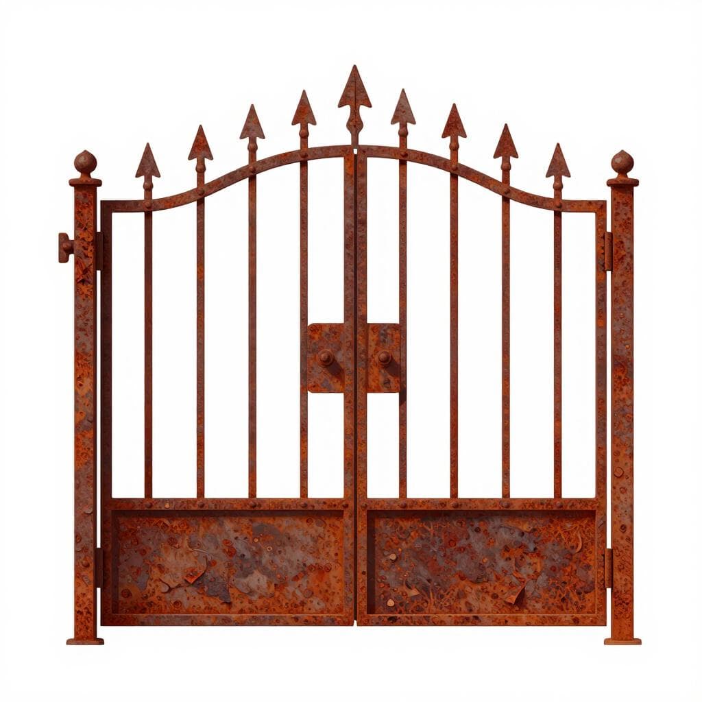 A close-up of an old, reddish-brown weathered iron gate with visible rust flakes.