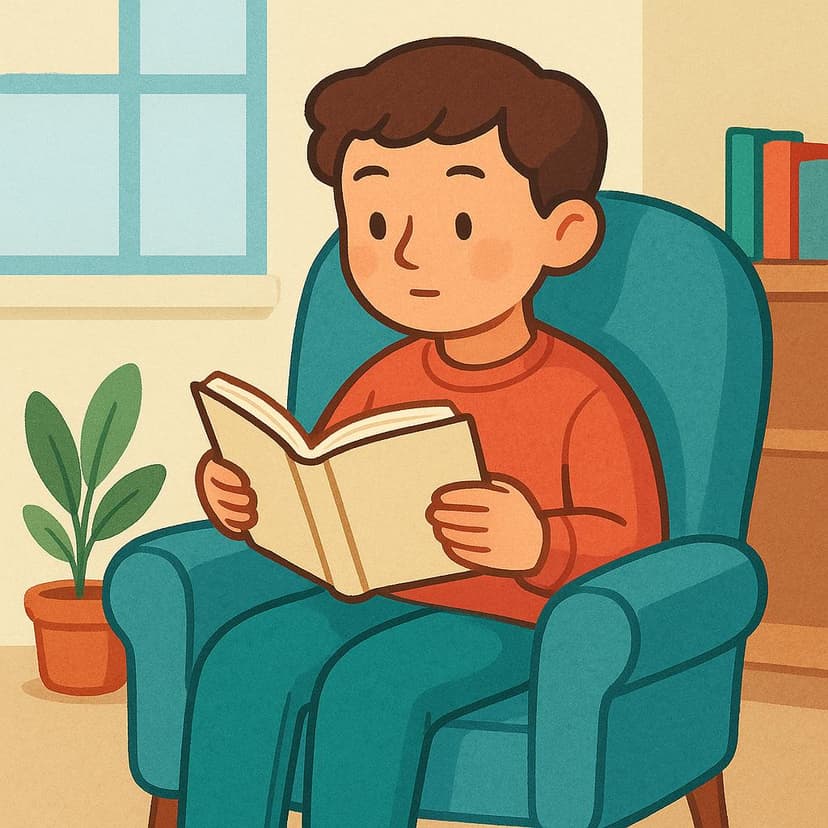A simple storybook illustration of a person sitting down, holding an open book close to their face, fully focused on the pages they are reading.