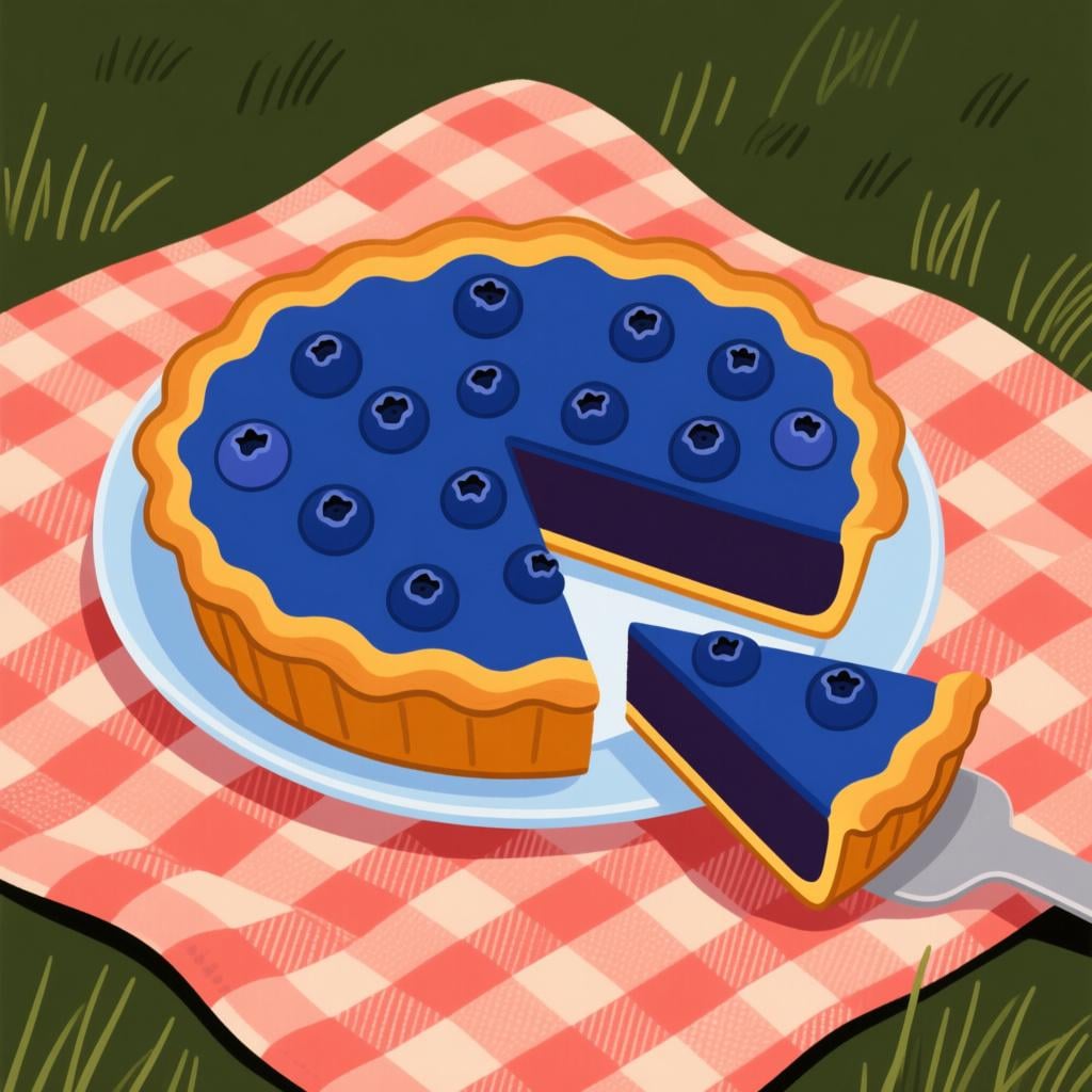 A colorful blueberry pie with one slice removed, clearly showing the large remaining portion on the plate.