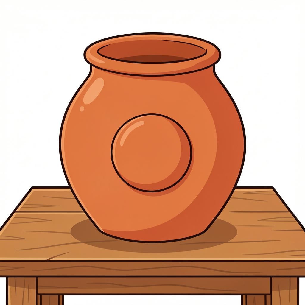 A high-quality storybook illustration of a round clay pot with a wide, bulging middle.
