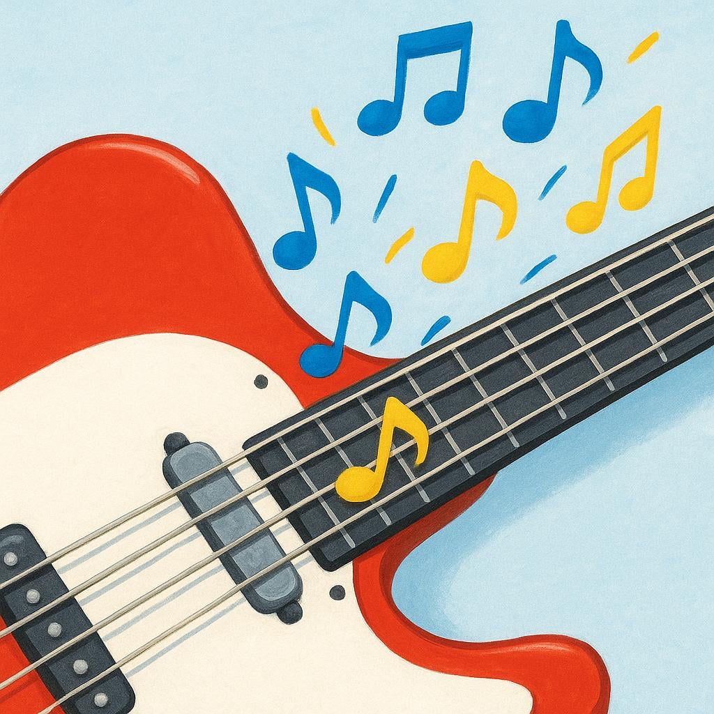 A simple storybook illustration showing a bright red electric guitar with colorful musical notes floating above the strings.