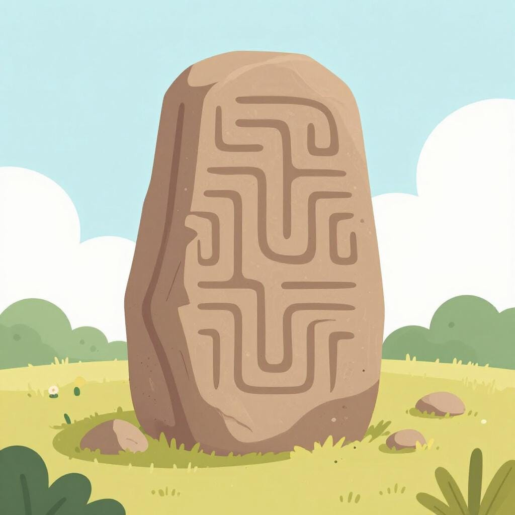 Uma ilustração de alta qualidade de um livro de histórias de uma antiga tabuleta de pedra com símbolos misteriosos esculpidos representando uma língua antiga.