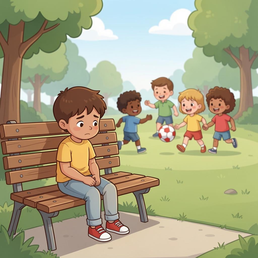 A sad child sitting alone on a park bench while a group of children play together in the background.