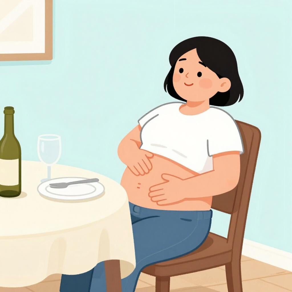 A happy person sitting at a table with an empty plate, leaning back and patting their full stomach.