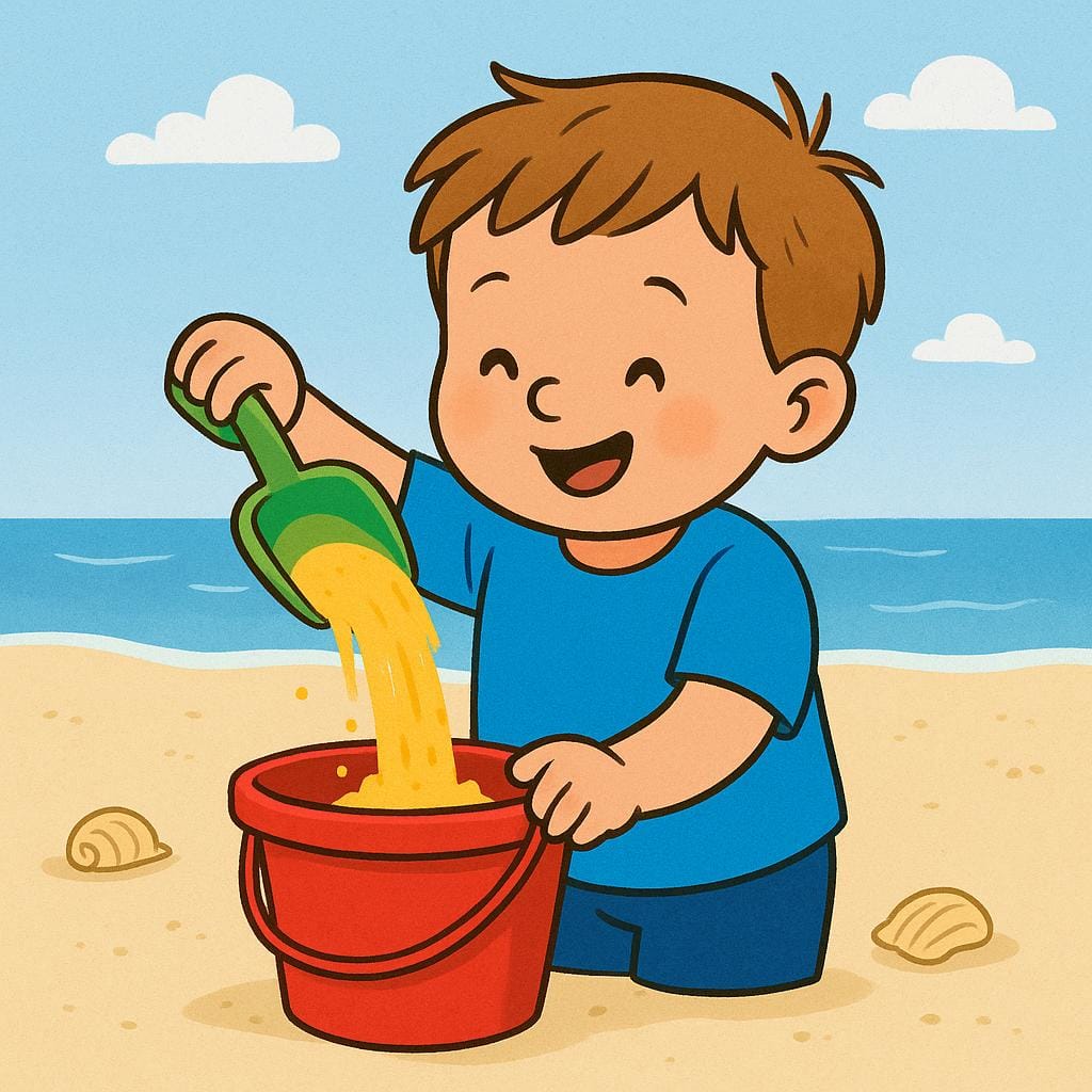 A child on a sandy beach actively pouring yellow sand from a small green shovel into a red plastic bucket.