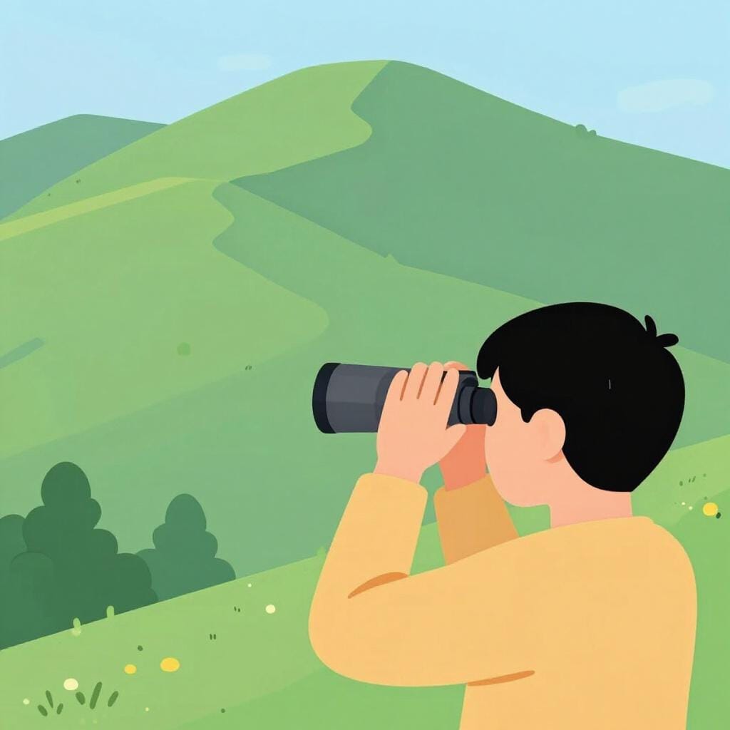 A person peering through a large pair of binoculars at a distant mountain landscape.