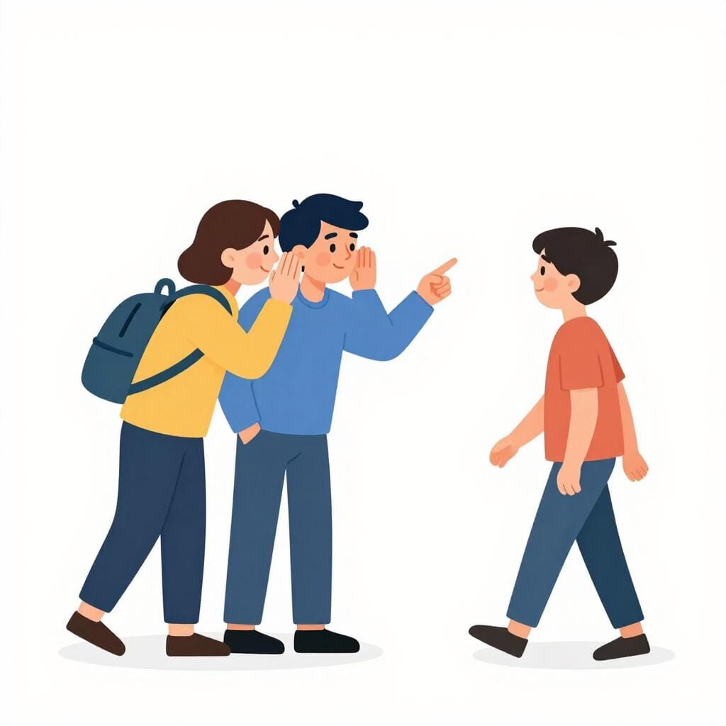 A group of three people whispering and pointing toward a person walking away in the distance.