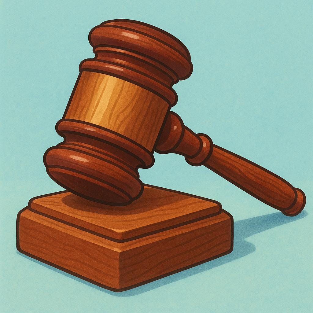 A large wooden gavel resting on a round wooden sound block, symbolizing a final legal judgment.