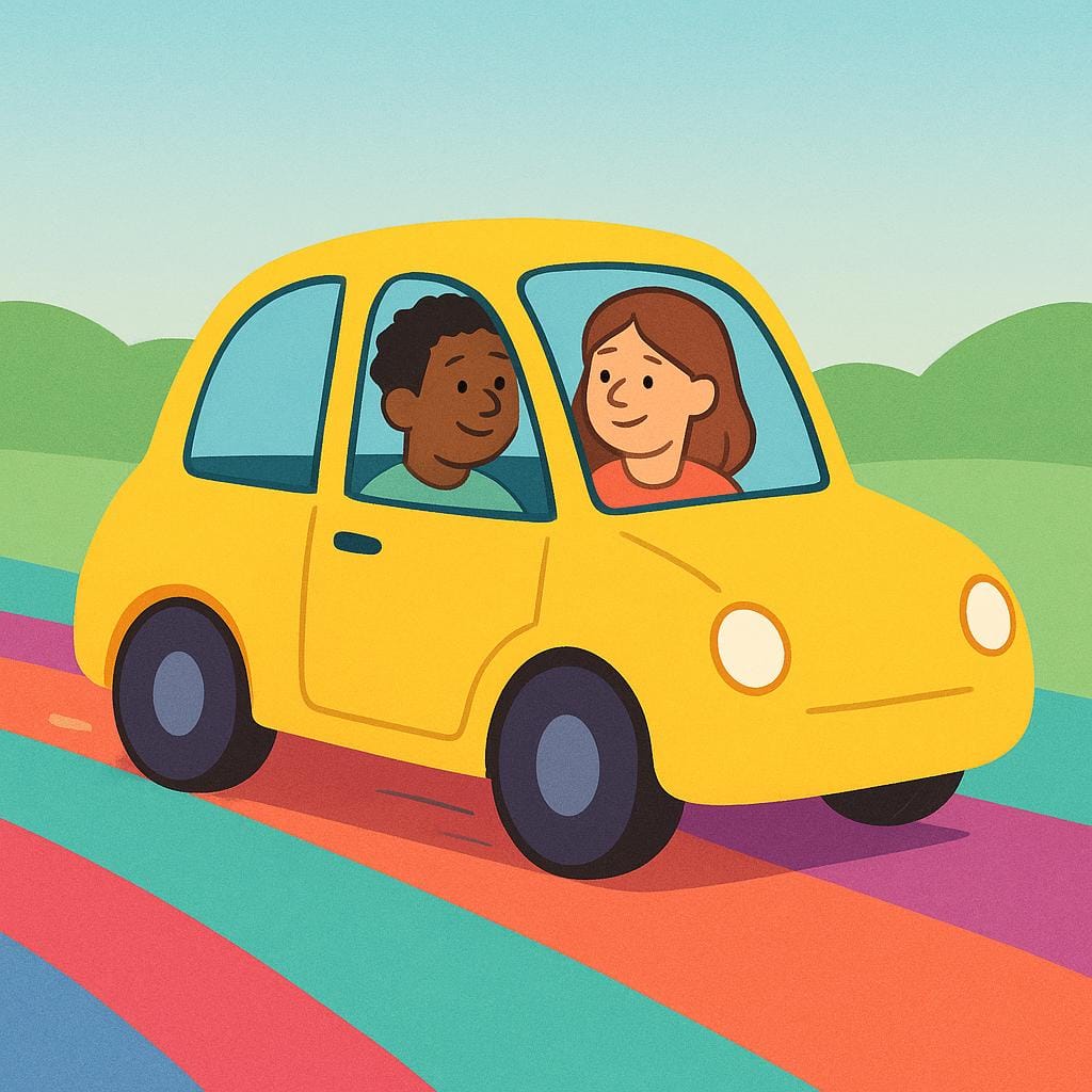 A colorful storybook illustration showing a person being driven in a simple yellow car by a smiling driver, illustrating transportation.