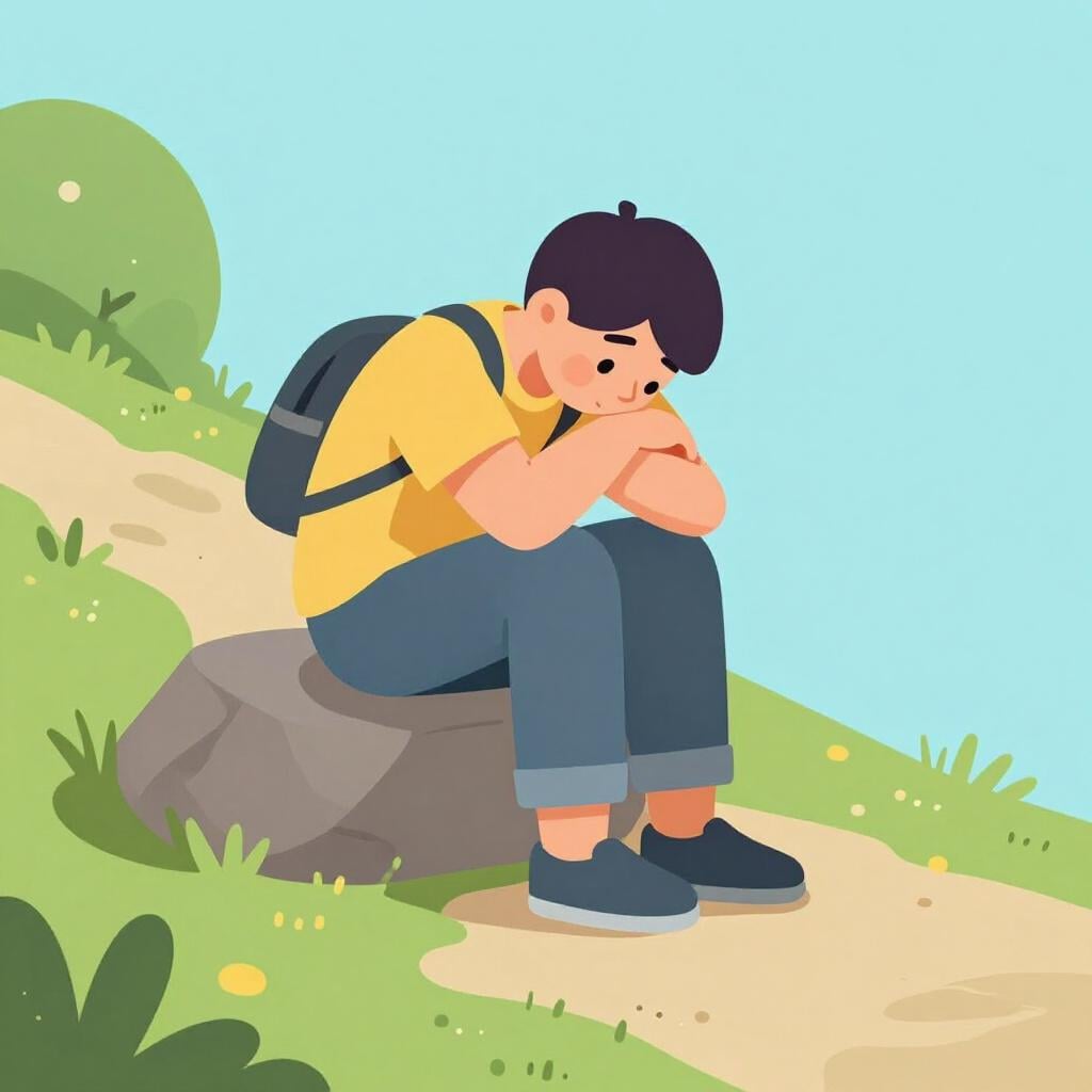 Een wandelaar die op een rots zit met het hoofd in de handen, er erg vermoeid uitzend.