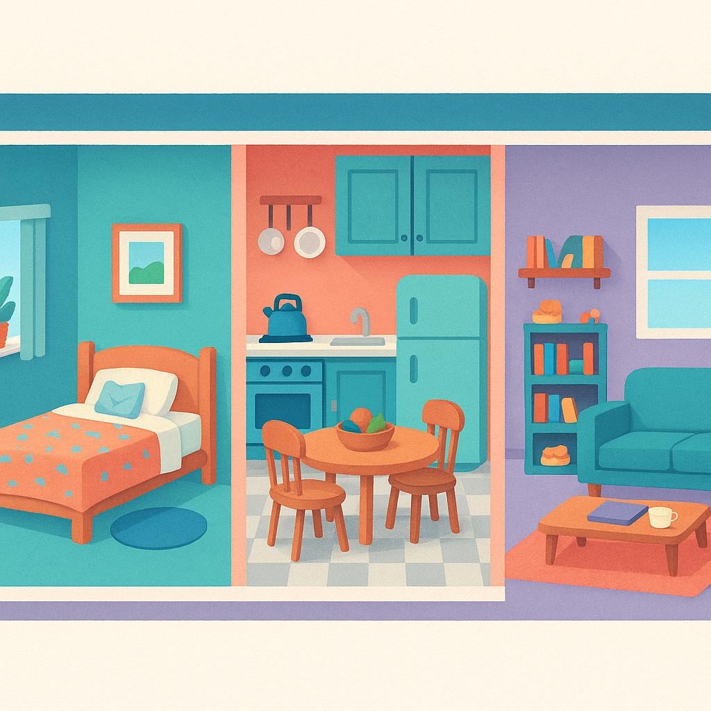 A simplified cross-section illustration showing the inside of a colorful house, revealing three distinct, furnished rooms: a bedroom with a bed, a kitchen with a stove, and a living room with a couch.