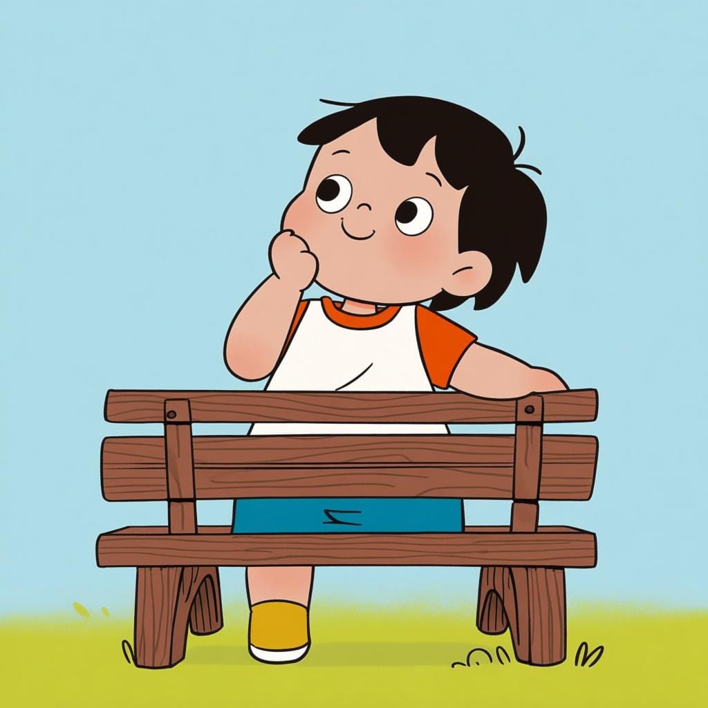Uma criança amigável, em estilo cartoon, senta-se sozinha num banco, segurando o queixo com uma mão, olhando para cima com uma expressão pensativa, simbolizando o ato de pensar.