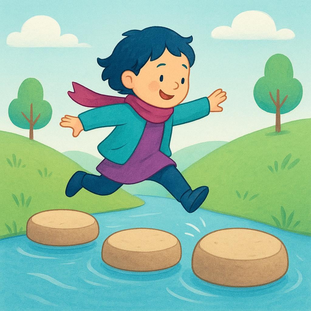 A person walking along a path made of stepping stones deliberately steps over the middle stone, illustrating the action of skipping or omitting a step in a sequence.