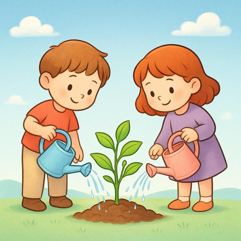 Due piccole figure stanno versando delicatamente acqua da annaffiatoi su una piccola pianta verde e vibrante che sta chiaramente prosperando, dimostrando che le loro azioni stavano causando un effetto positivo.