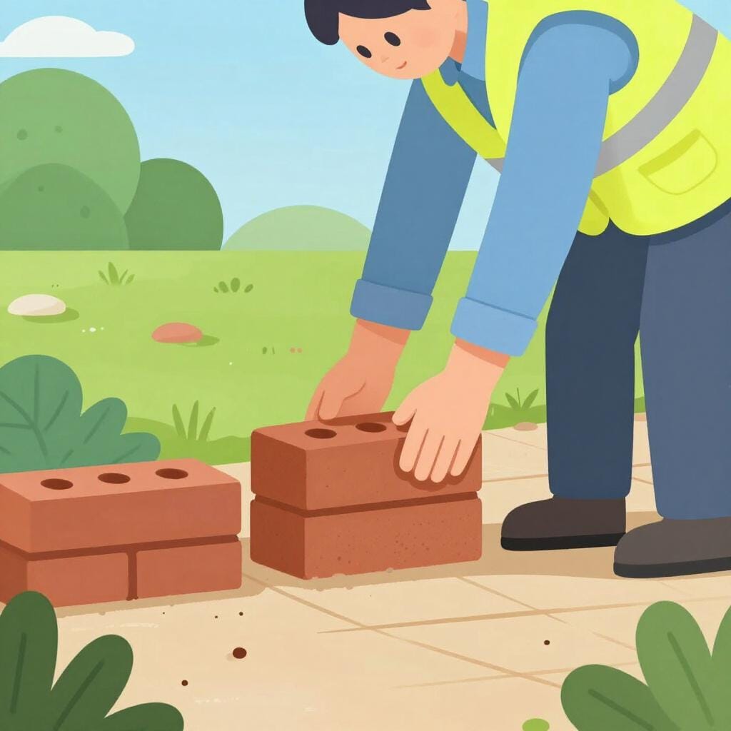 黄色い安全ベストを着た人が、庭に新しいレンガの小道を作る最後の仕上げをしている様子。