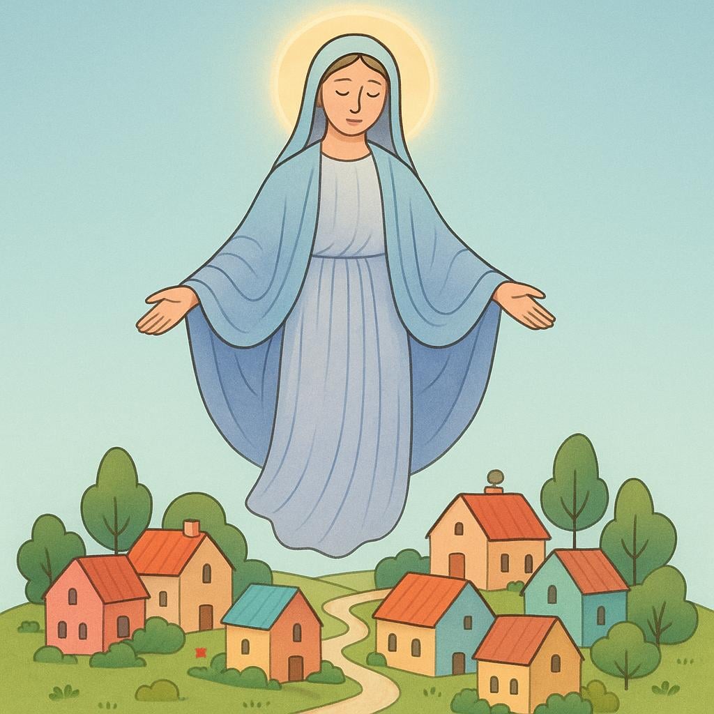 A storybook illustration showing a peaceful, haloed saint figure hovering over a small village, symbolizing protection.