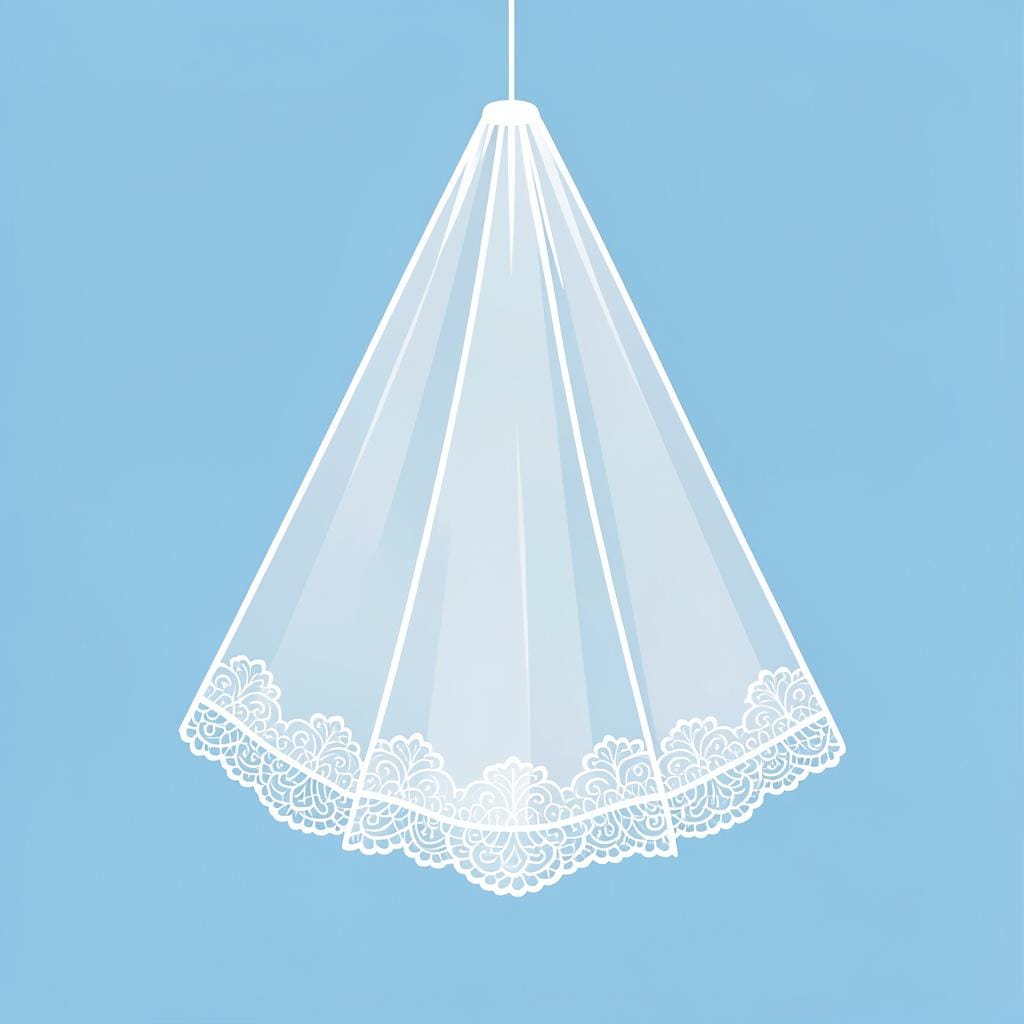 A delicate white lace veil draped over a simple wooden stand.