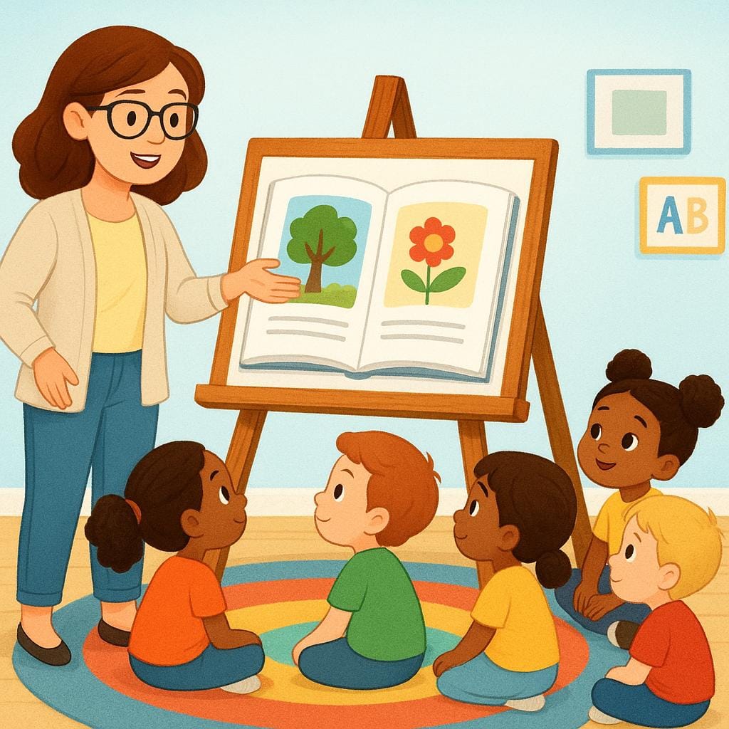 A colorful illustration showing a teacher pointing to an open book while several young students listen intently, representing a unit of instruction.