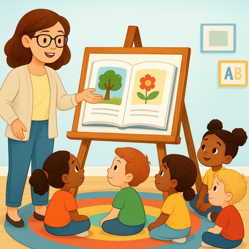 A colorful illustration showing a teacher pointing to an open book while several young students listen intently, representing a unit of instruction.