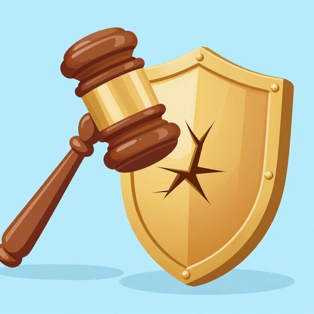 Un lourd maillet en bois brisant un bouclier doré.