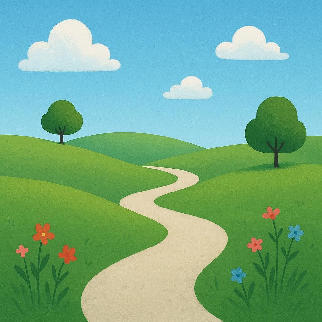 A long, winding dirt path stretching far into the distance, suggesting a long journey or duration under a bright blue sky.