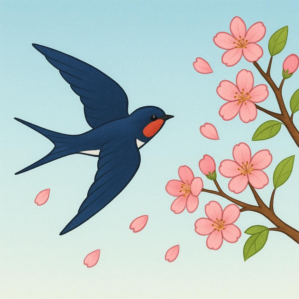 A single swallow bird flying past a tree branch covered in pink blossoms, signifying the arrival of spring.
