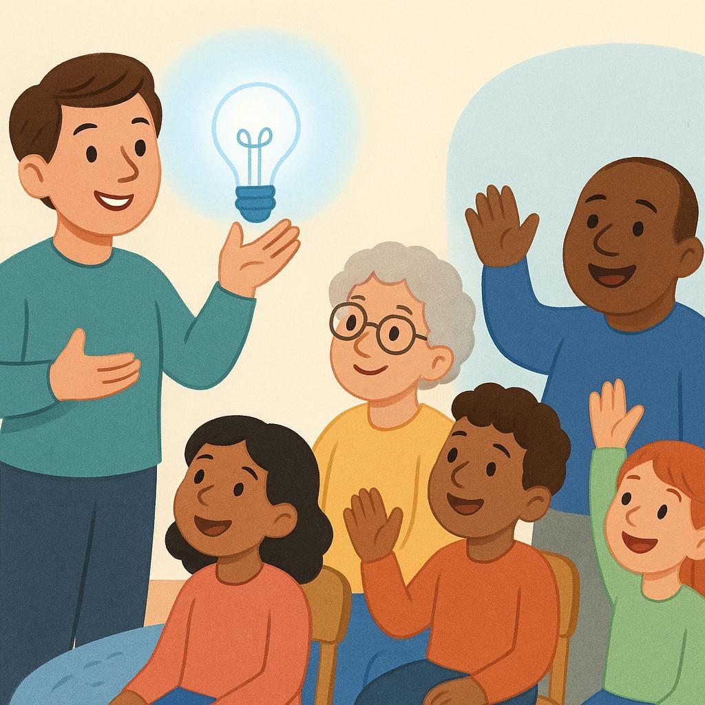 A cartoon figure standing on a small podium presenting a glowing, accepted idea (represented by a simple lightbulb) to an audience who are all raising their hands in enthusiastic agreement.