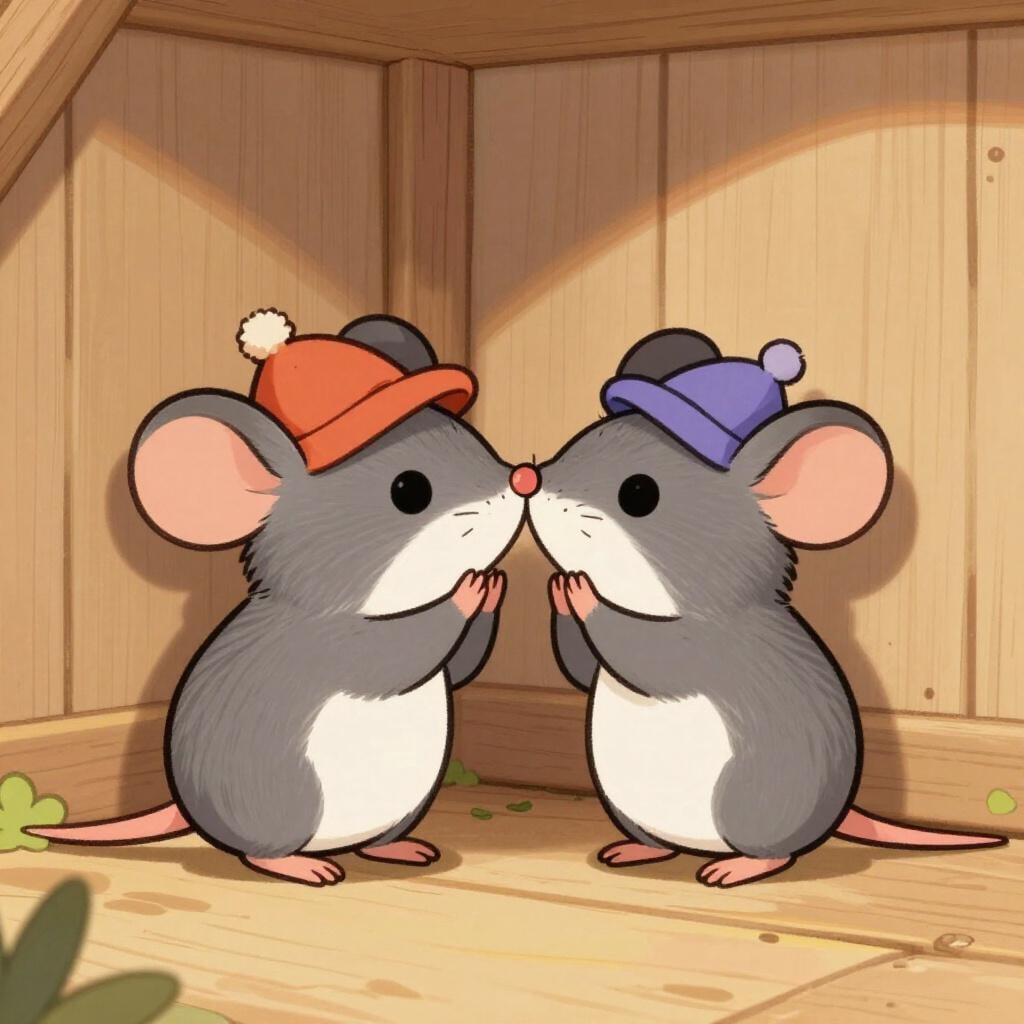 Two small mice whispering to each other in a secret corner.